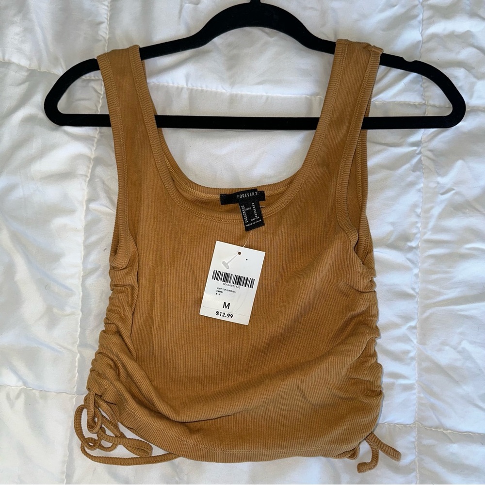 Women's Sleeveless Tan Cinched Cropped Tank